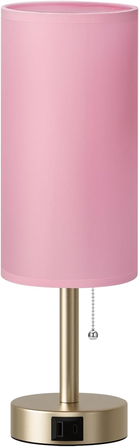Pink Bedside Table Lamp for Bedroom - Small Nightstand Lamp for Girls | 3 Color Temp, USB A+C Ports, LED Bulb Included, Soft Pink Fabric Shade, Mocha Gold Metal Base, 14" Desk Lamp for Kids Dorm