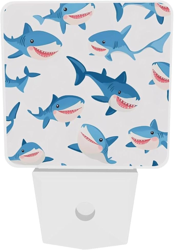 Cartoon Blue Sharks LED Plug-in Night Lamp 2 Piece Set, Auto Sensor Nightlights Set of 2 for Bedroom Bathroom Corridors