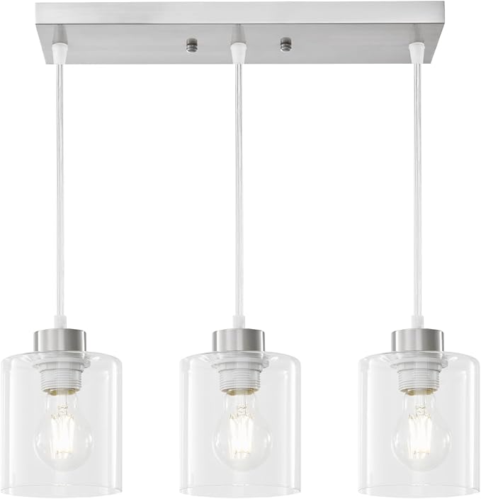 3-Light Brushed Nickel Pendant Light Fixtures with Clear Glass, Hanging Light Fixture for Ceiling, Adjustable Kitchen Island Light for Dinning Room, Bedroom,Hallway, E26 Base, Bulbs Not Included