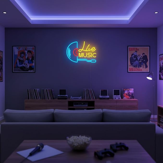 Live Music Neon Sign Vinyl Record LED Wall Light for Music Room Decor | USB Powered Live Music Neon Light, Retro Music Wall Decor for Vinyl Record Room Studio Bedroom Bar Cafe Gift for Musicians