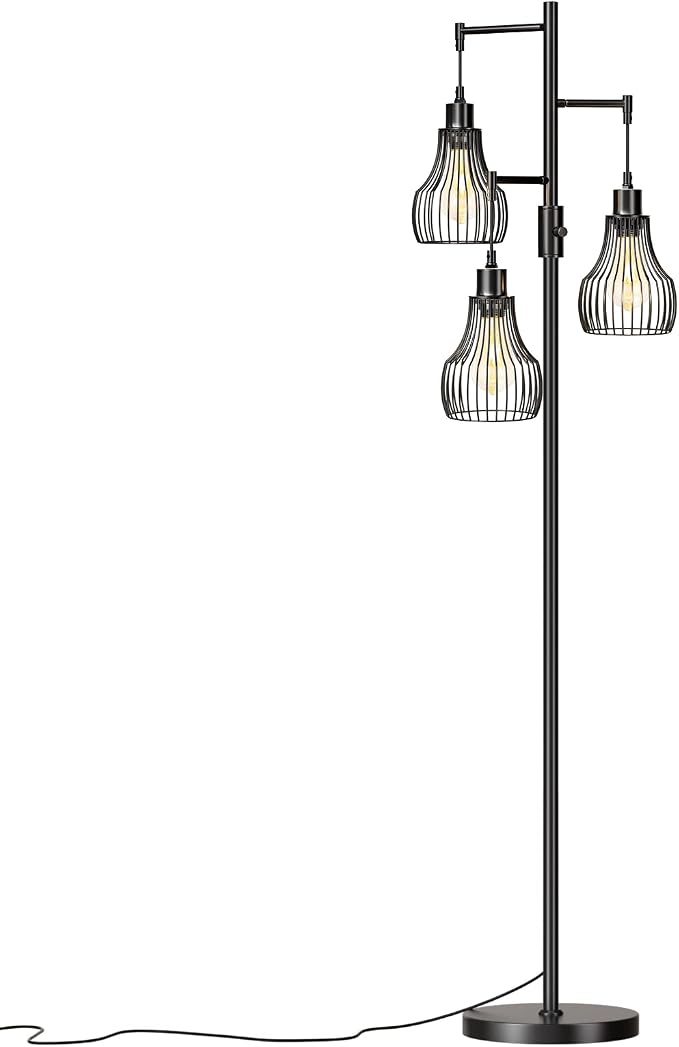 Ziisee Dimmable Floor Lamp, 3 x 800LM LED Edison Bulbs Included, Farmhouse Industrial Floor Lamp Standing Tree Lamp with Elegant Cage Tall Lamps for Living Room Bedroom Office - Black