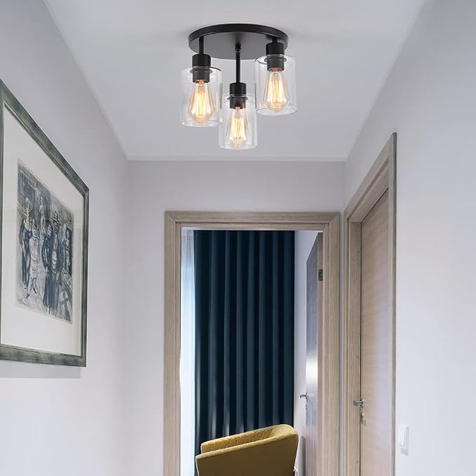 3-Light Industrial Farmhouse Black Matte Light Fixtures Ceiling Mount, with Clear Glass Shades Semi Flush Mount Ceiling Light, for Hallway Fixtures Kitchen, Foyer