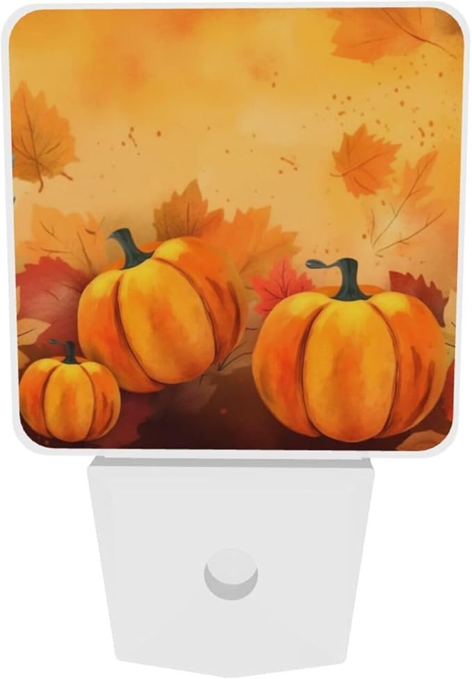 Pumpkins Maple Leaf Thanksgiving Night Light Set of 2, Fall Sunflowers Auto Sensor LED Dusk-to-Dawn Nightlights, Plug-in Sensor Lamp for Bedroom Bathroom Decorative