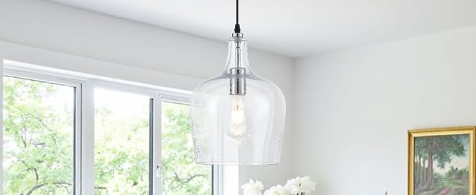10”Chrome Hammered Glass Pendant Light Modern 1 Light Single Dome Pendent Lighting Fixtures for Kitchen Island Dining Room Hallway, UL Listed