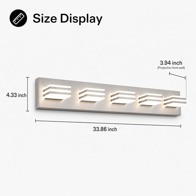 Yumecrelect 5-Light Brushed Nickel Vanity Light Fixture, 34 Inch 40W 5CCT Dimmable LED Bathroom Wall Light with Clear Acrylic Shade, Hardwired Over Mirror Lighting for Master Bath