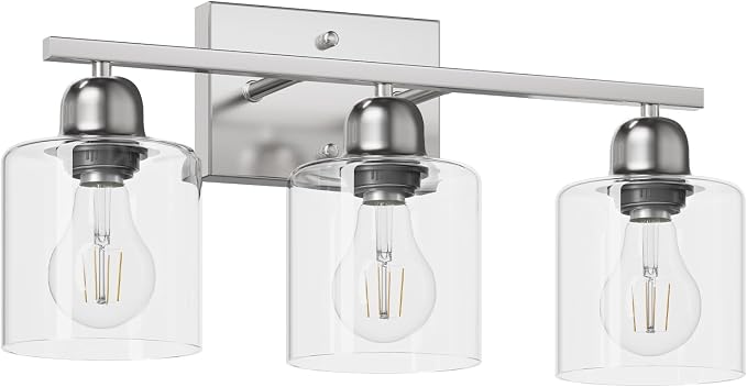 Modern Brushed Nickel 3 Light Bathroom Light Fixtures,19 inch Vanity Lights For Bathroom With Clear Glass, Bathroom Lighting Fixtures Over Mirror For Mirror Kitchen Living Room Hallway Cabinet Porch