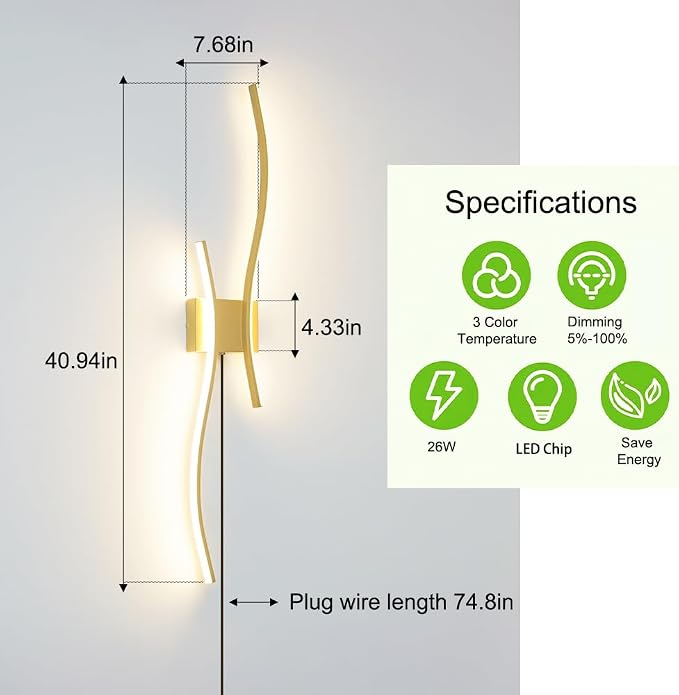 Daunton Modern Gold Plug in Wall Sconces Set of 2 - Smart Dimmable LED Wall Lights with Remote, 3CCT Adjustable & Memory Function, Timer Setting - No Wiring Needed for Living Room, Bedroom, Hallway