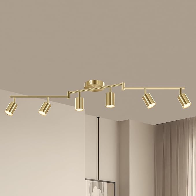 AUQUEE 6 Light Track Lighting Fixtures Ceiling, Gold Kichen Track Lighting Fixtures with Rotatable Light Heads, Foldable Lamp Arms, Modern LED Track Lights for Kitchen/Hallway, No GU10 Bulb