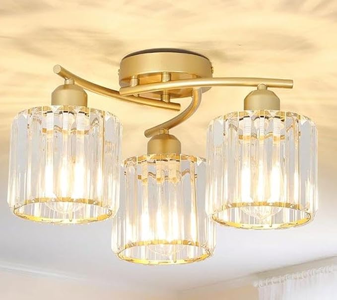 Crystal Close to Ceiling Light Fixtures,3-Light Gold Modern Semi Flush Mount Ceiling Light,Kitchen Light Fixture with Clear Crystal Shades,Hallway Lighting Fixture for Entryway Bedroom Bathroom