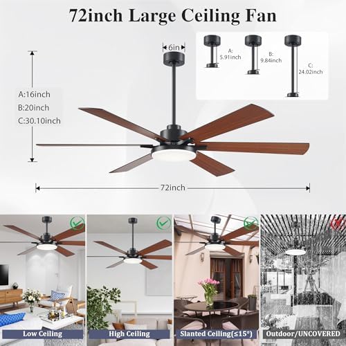 72 inch Ceiling Fans with Lights and Remote Control,Indoor/Outdoor Flush Mount Low Profile Commercial Reversible Dimmable Wood Grain Ceiling Fans for Living Room Patio Industrial Shop.