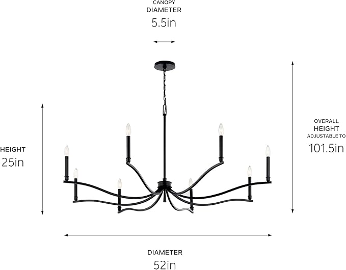 Kichler Malene 8-Light Chandelier, Updated Traditional Light in Black, Sloped Ceiling Compatible, for Foyer, Dining Room or Living Room (25" x 52"), 52697BK