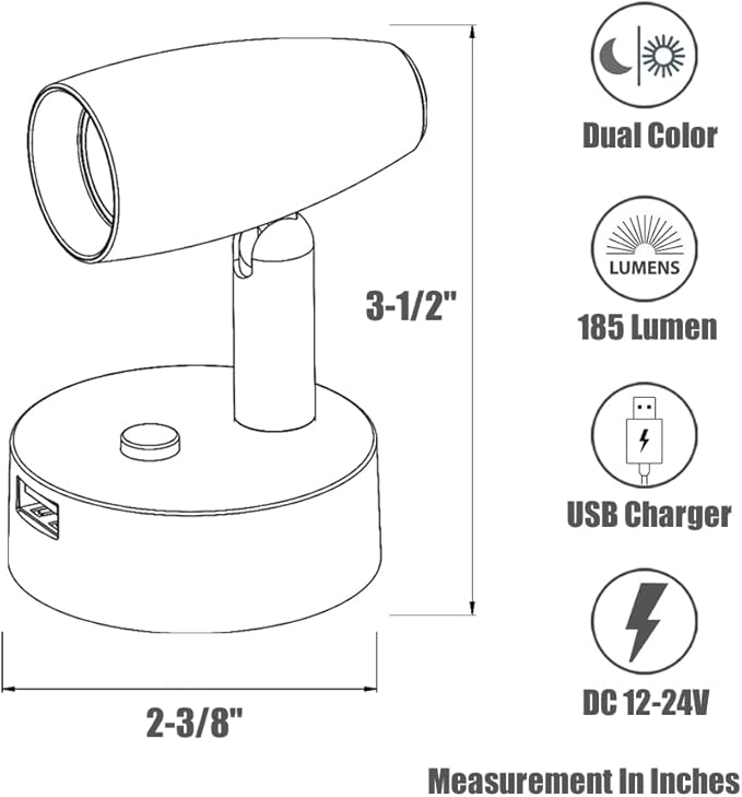 RV Reading Light 12V Swivel LED Spotlight with Quick USB Charger & Blue Nightlight, Camper Van Travel Trailer Bedroom Reading Light,3-1/2" Length,12-24VDC Hard-Wired (Brushed Nickel)
