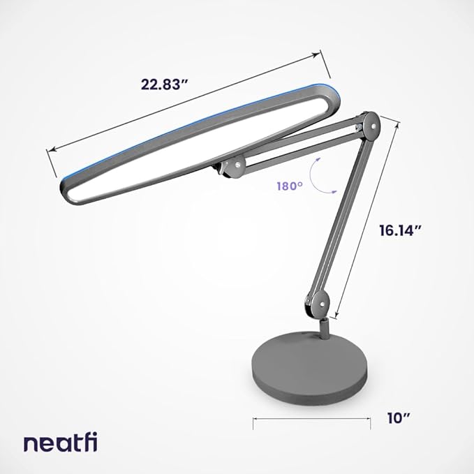 Neatfi XL 24W LED Desk Lamp with Base – 2,200 Lumens | 23” Wide Shade | Dimmable Eye-Caring Task Light | Adjustable Arm | Office, Study, Crafting & Nail Techs (Non-CCT with Base, Silver)