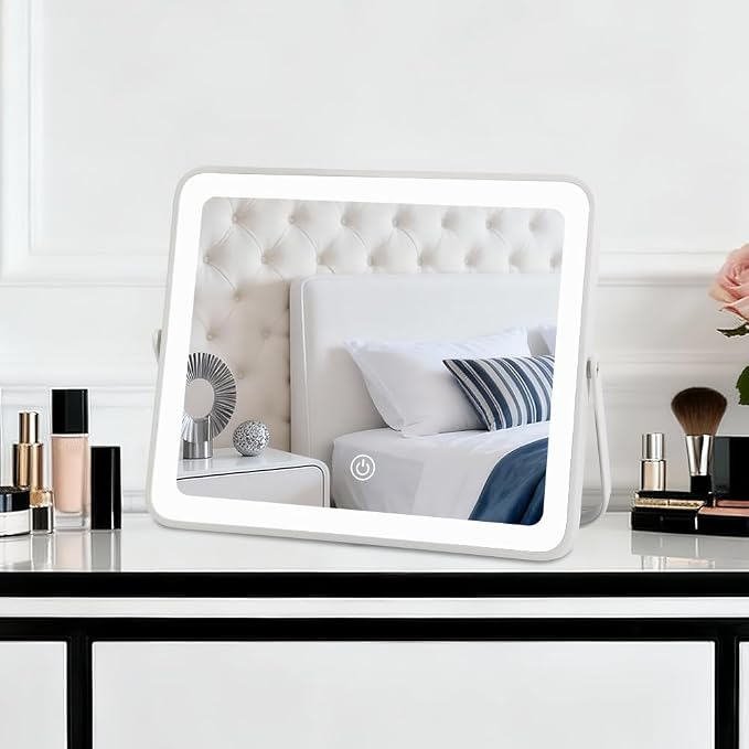 YEKKOPT Portable Desk Vanity Mirror with Lights,10"×12" Small Rechargeable Makeup Mirror with Lights,Smart Touch Screen with 3-Color Lighting,Dimmable,for Dorm Tabletop,Bedroom,Decor