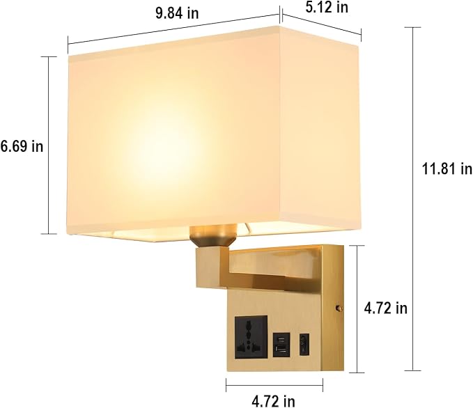 Plug in Wall Sconces, Wall Lamp with Brass Base Square lampshade | Wall Lamps for Bedroom Bulb Included, Wall Mounted Lamp with 3 Color Temperature, Bedside Lamps with USB Ports and AC Outlet