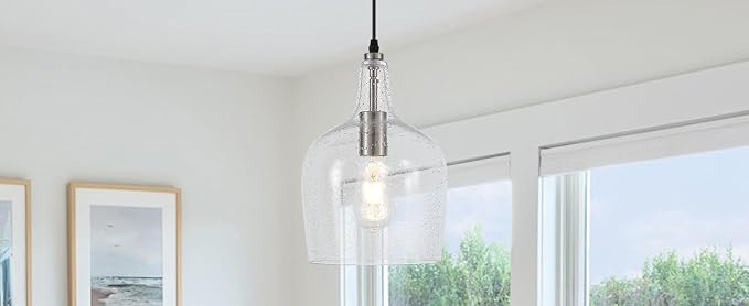9” Brushed Nickel Seeded Glass Pendant Light Modern 1 Light Single Dome Pendent Lighting Fixtures for Kitchen Island Dining Room Hallway, UL Listed