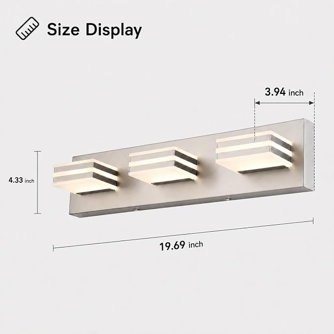 3-Light Brushed Nickel Vanity Light for Bathroom, 20 Inch 24W 5CCT Dimmable LED Fixture with Clear Acrylic Shade, Hardwired Modern Wall Light Over Mirror for Guest Bath