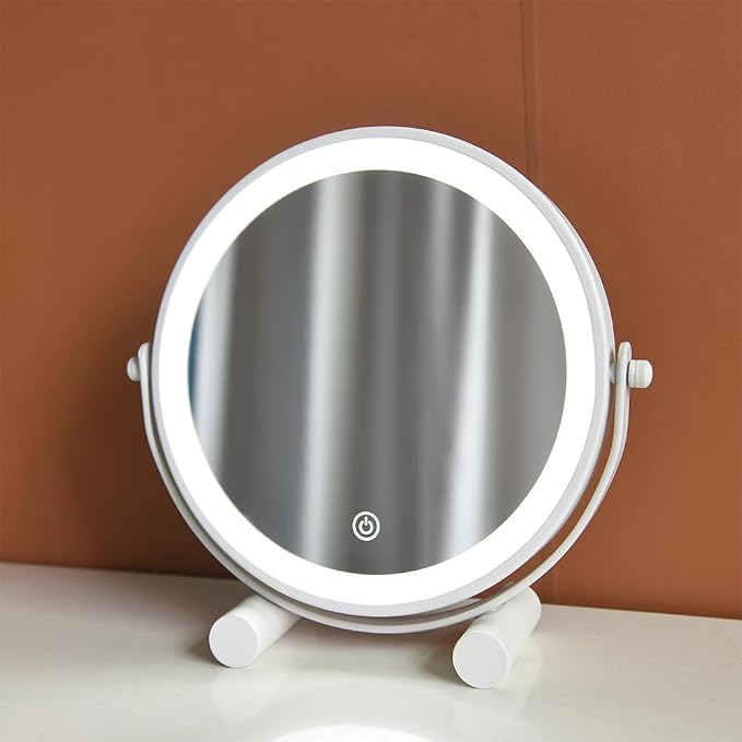YEKKOPT Travel Vanity Mirror with Lights, 8" Small LED Makeup Mirror with Lights,360°Rotation Dimmable Portable Desk Round Mirror for Dressing Room & Bedroom,Folding Stand, White