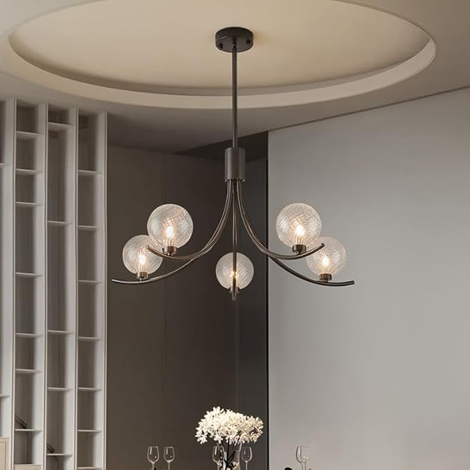 5-Head Black Modern Chandelier with 5 Clear Glass Globe Bulbs, Globe Chandelier, Elegant Lamps with Black Accents, Ceiling Light for Living Room Kitchen Island Bedroom Entryway