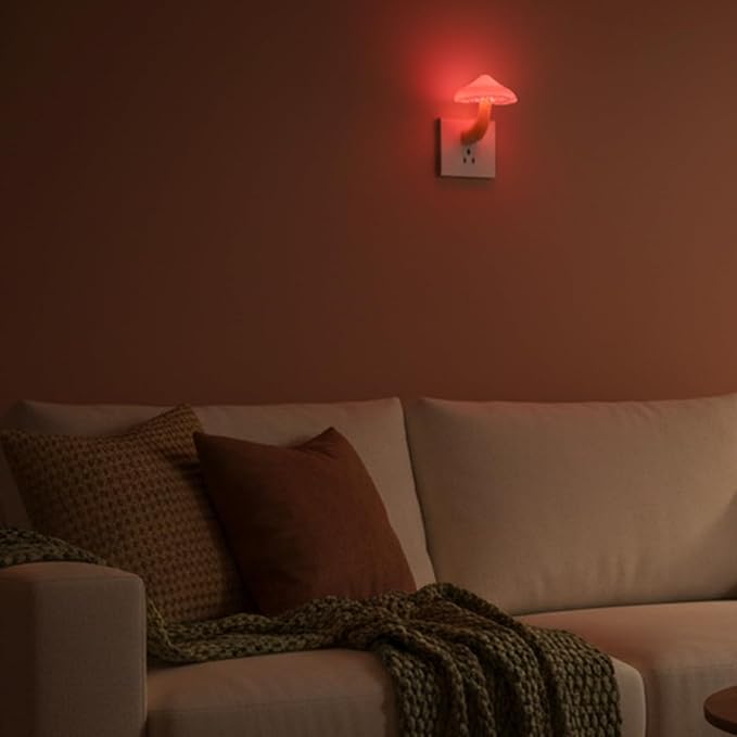 Red LED Mushroom Night Light Plug in Lamp, Light Sensor Night Lights Plug into Wall, Dusk to Dawn Sensor Night Light for Adults Kids Room Bedroom Bathroom Hallway Kitchen