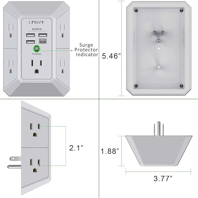 USB Wall Charger, Surge Protector, QINLIANF 5 Outlet Extender with 4 USB Charging Ports(3U1C) 3-Sided 1680J Power Strip Multi Plug Outlets Wall Adapter Spaced for Home Travel Office, Grey