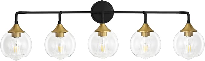 Bathroom Vanity Light 5-Light Black and Gold Vanity Light 39" | Modern Vanity Lighting Fixtures Over Mirror, Thickened Clear Glass Shade, UL E26 Dimmable Vanity Light Fixtures