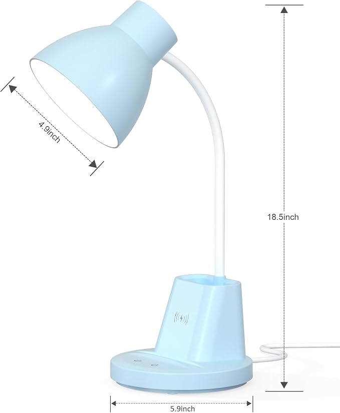 10W Wireless Charging LED Desk Lamp with Pen Holder, CRI 95, Blue | 800LM, 3 Modes, 360°Flexible Arm, Touch, Brightness, Table Lamp for Home Office, Dorm, Bedside, Study, Reading, with Adapter