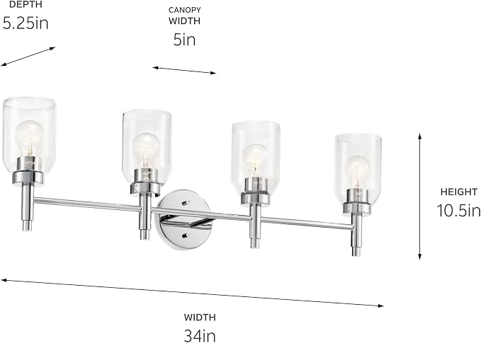 Kichler Madden 4-Light Bathroom Vanity Light, Chrome | Modern vanity light with clear glass for single or double bathroom mirrors (34" x 10.5"), 55186CH