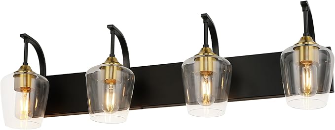 Black Bathroom Light Fixtures - 4-Light Vanity Light with Clear Glass Shades, 33.07'' Industrial Gold Wall Lights for Bedroom Hallway Living Room Kitchen