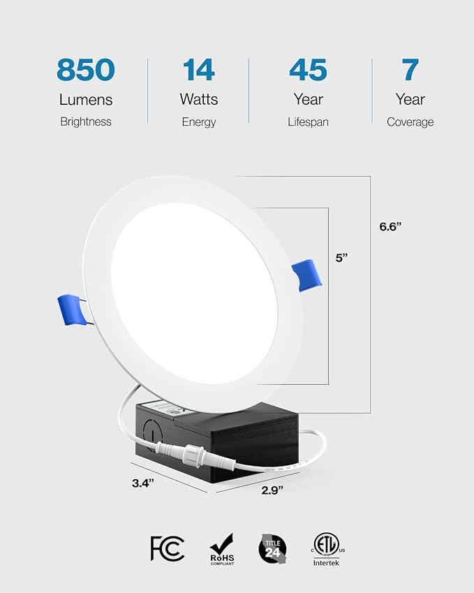 Sunco Lighting - 6 Pack 6 Inch Ultra Thin LED Recessed Ceiling Lights, 5000K Daylight, Dimmable, 14W, Wafer Thin, Canless with Junction Box.