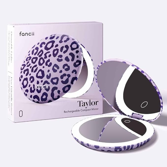 Fancii Taylor LED Lighted Travel Makeup Mirror, Rechargeable, 10x /1x Magnifying, Tru-Glow Lighting System, XL Large 5” Wide | Compact Mirror for Purses (Cheetah Crush)