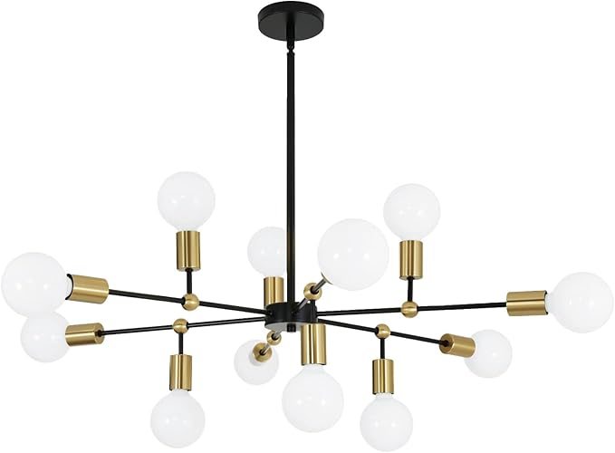 Modern Chandeliers for Dining Room with 12-Lights Adjustable Height Black and Gold Pendant Lights Kitchen Island Sputnik Chandelier for Living Room Bedroom Foyer Entryway