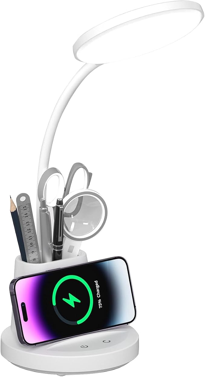 LED Desk Lamp with Wireless Charger for Home Office, White | 3 Color Modes Dimmable Eye-Caring Study Desk Light for College Dorm Room, 360° Flexible Arm, Built-in Pen Holder, 800 Lumen