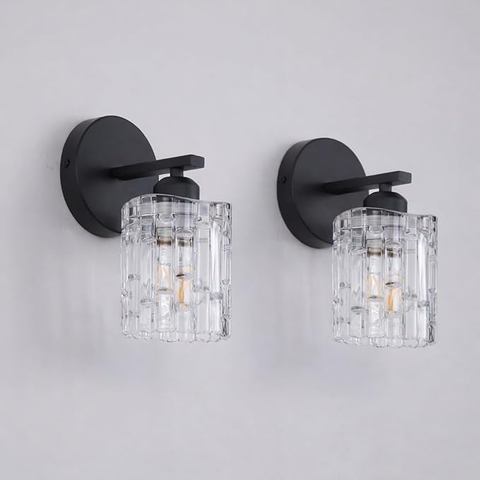 2-Pack 1-Light Modern Matte Black Crystal Wall Sconces, Hardwired Indoor Bathroom Vanity Light Fixtures, Crystal Over Mirror Lamps for Living Room, Bedroom, Hallway