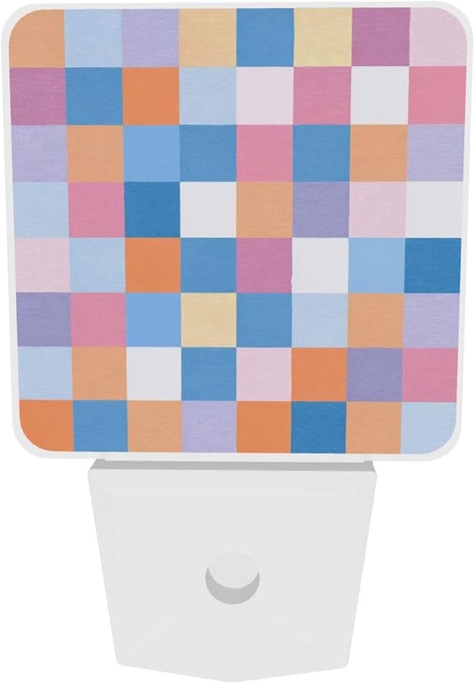 Colorful Checkered LED Plug-in Night Light 2-Pack, Auto Sensor Wood Print Nightlights Set of 2 for Bedroom Bathroom Stairs