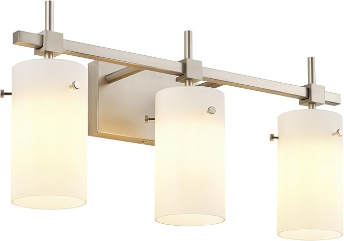 SOLFART Brushed Nickel Bathroom Light Fixtures, 3-Light Modern Vanity Light Over Mirror, Wall Sconces with Milky White Frosted Glass Shades, E26 Socket (Bulbs Not Included)