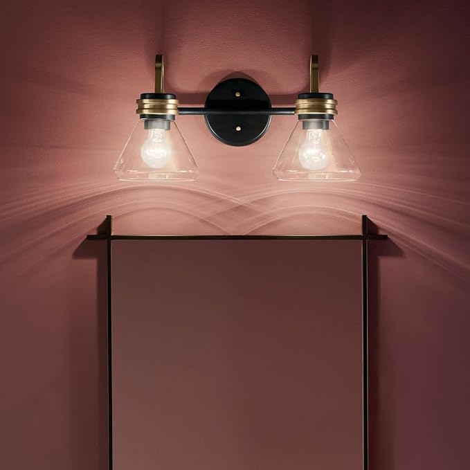 Kichler Farum 2-Light Bathroom Vanity Light, Black | Modern vanity light with clear glass for bathroom mirrors and powder rooms (19.25" x 9.5"), 55154BKCLR