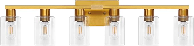 6 Light Bathroom Light Fixtures, Large Gold Bathroom Vanity Light with Clear Glass Shade, Brushed Brass Gold Bathroom Lighting Fixtures Over Mirror, Modern Wall Scones for Bedroom Living Room