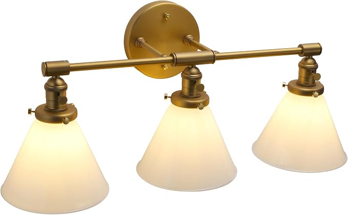 Vintage Industrial 3-Light Bathroom Vanity Light with Milk Glass lampshade – Antique Brass Wall Sconce for Over Mirror, E26 Socket, Dimmable Compatible, Hardwired Installation