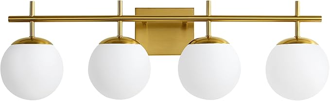 Bathroom Light Fixtures, 4-Light Brushed Gold Bathroom Vanity Lights Over Mirror, 30.7 Inch Modern Vanity Lighting with Milky White Glass Globe Shade Wall Sconce Lighting Bath