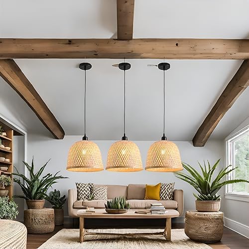 3-Pack Bamboo Pendant Light Mini Rattan Chandelier | 9.8" Boho Bamboo Rattan Pendant Lights,Hand Woven Rattan Chandelier for Kitchen Island Dining Bedroom Living Room