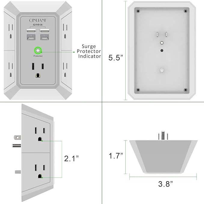USB Wall Charger, Surge Protector, QINLIANF 5 Outlet Extender with 4 USB Charging Ports(2U2C) 3-Sided 1680J Power Strip Multi Plug Outlets Wall Adapter Spaced for Home Travel Office, Grey