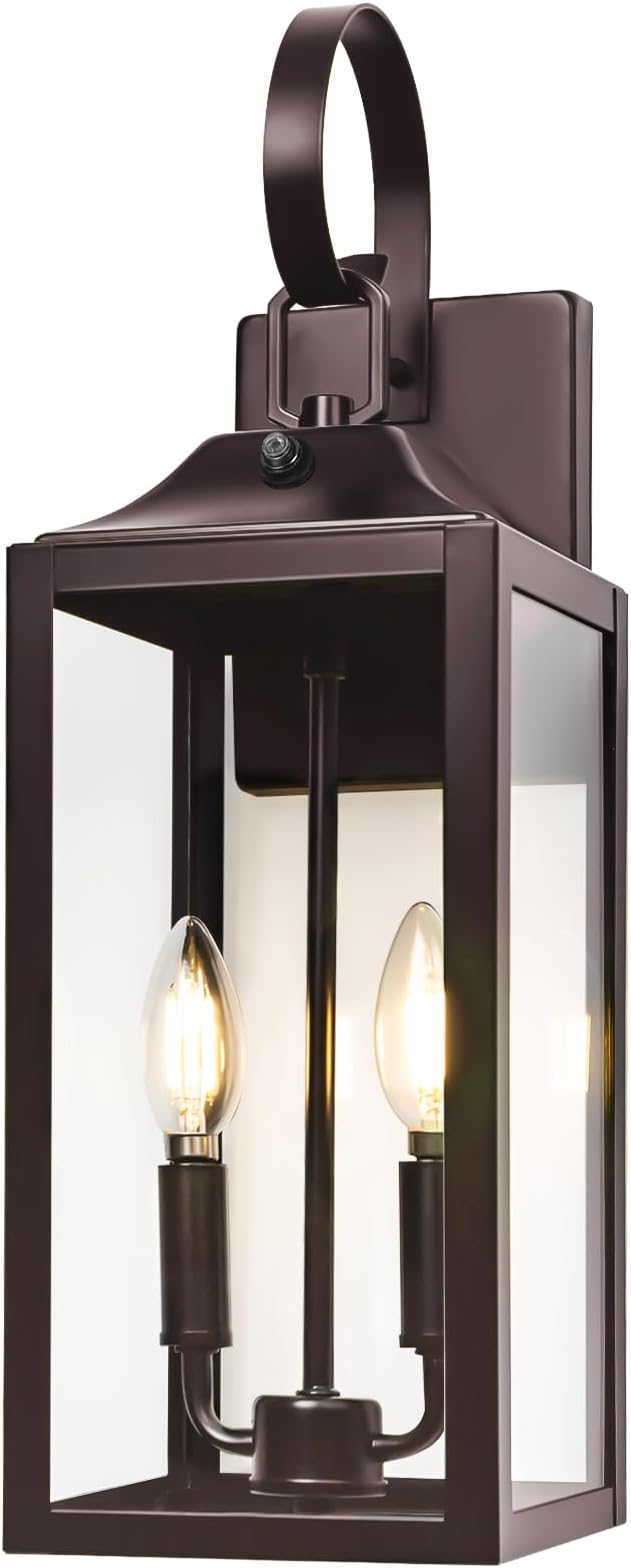 19" Oil Rubbed Bronze Dusk to Dawn Outdoor Wall Light, Modern Porch Lights | Large Exterior Wall Lantern 2-Light with Tempered Glass, Waterproof Outdoor Light Fixtures Wall Mount for House Patio, 1-Pack