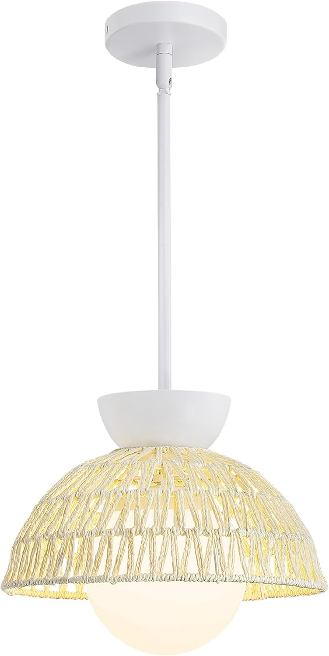 AIJIASI Rattan Pendant Light, 11.8" Hand Woven Boho Pendant Light Fixture with Milk Glass Globe, Gold Kitchen Pendant Lighting Over Island Adjustable Chandelier for Dining Room Hallway Foyer