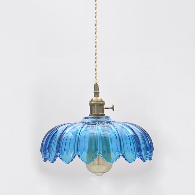 Blue Glass Pendant Light Fixtures Medium 9.8 Inches Lampshade Gold Brass Finish and Switch Vintage Pendant Ceiling Lamp Copper Pendant Lighting (Blue)