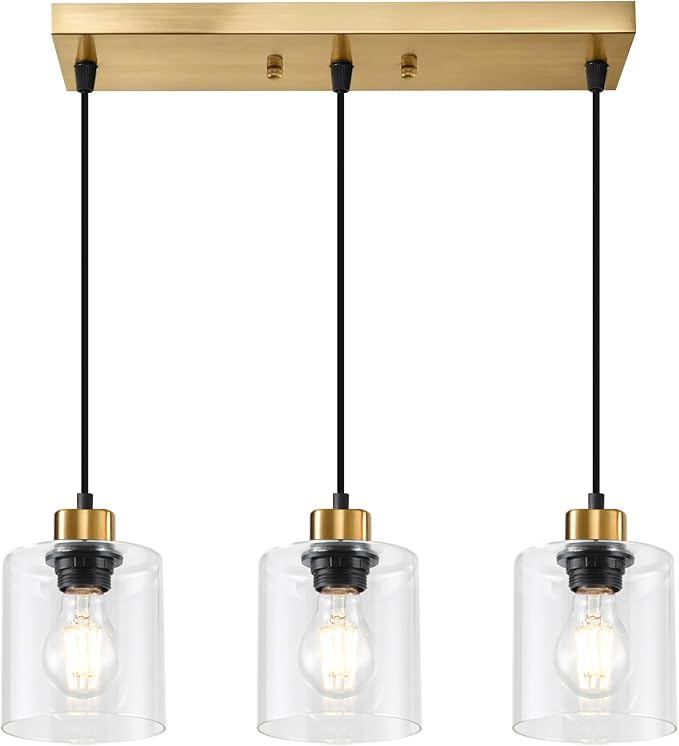 3-Light Pendant Light Fixtures with Clear Glass, Black Gold Hanging Light Fixture for Ceiling, Adjustable Kitchen Island Light for Dinning Room, Bedroom,Hallway, E26 Base, Bulbs Not Included