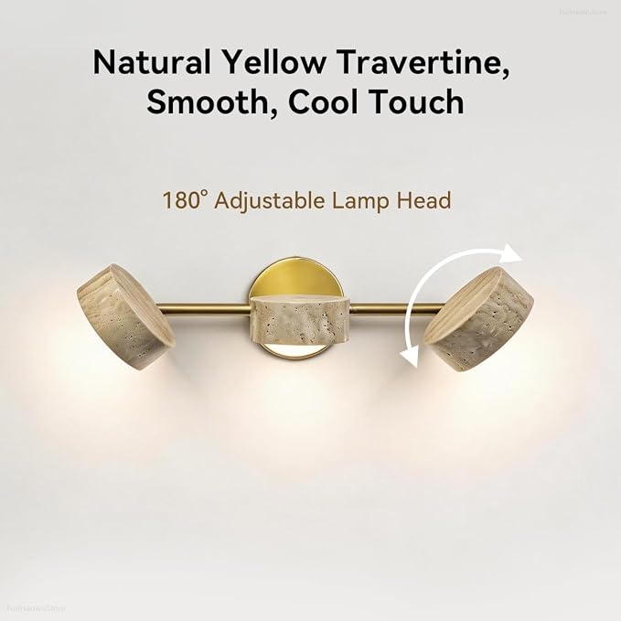 Led Bathroom Lighting Fixtures Over Mirror with 3 Travertine Shades,Vanity Lights Wall Lamp, 180° Rotatable Stone Lampshades Bathroom Lights, Modern Farmhouse Stone Sconces Gold
