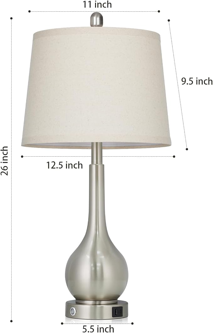 26" Silver Table Lamp for Bedroom, Touch Control Bedside Lamp for Nightstand with Charging Port, 3-Way Dimmable End Table Lamp for Living Room (1 Pack)