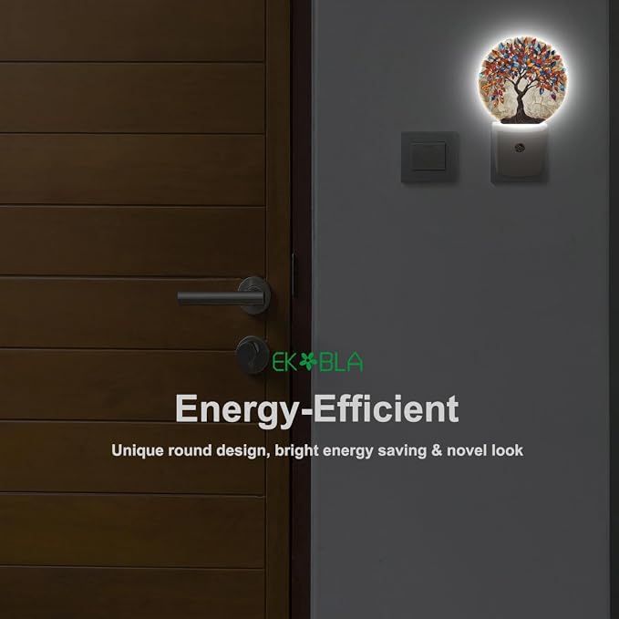 EKOBLA Abstract Tree with Colorful Leaves Night Light, Tree Art Painting Night Lights Plug Into Wall with Dusk to Dawn Auto Sensor for Men Women Bedroom Bathroom