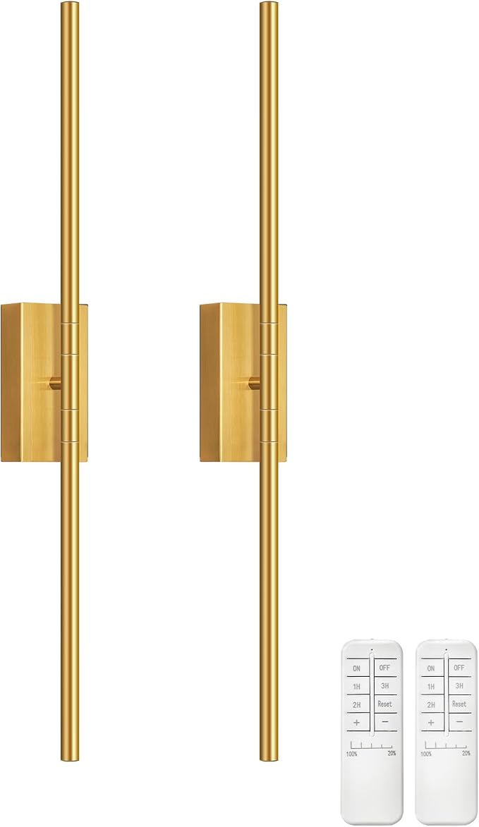 27.6" Wireless Battery Operated Wall Sconces Set of 2, Modern Rechargeable Lamp with Remote, 360° Rotation, 10000mAh, Touch Dimmable Lights for Bedroom, Living Room, Hallway, Gold D06YBP205